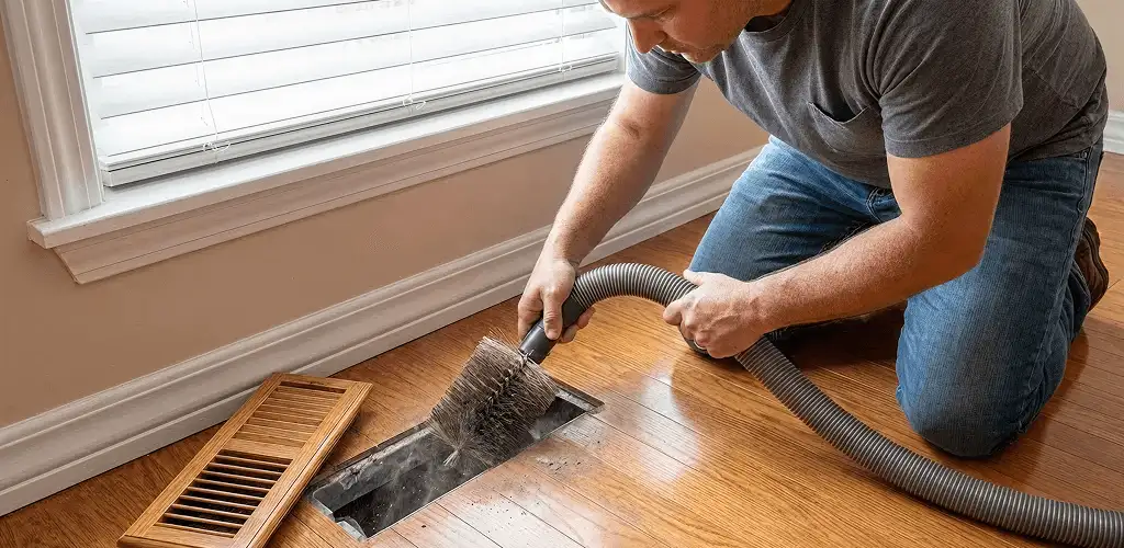 Air duct cleaning technician vacuuming a floor vent and duct opening in Norfolk, VA
