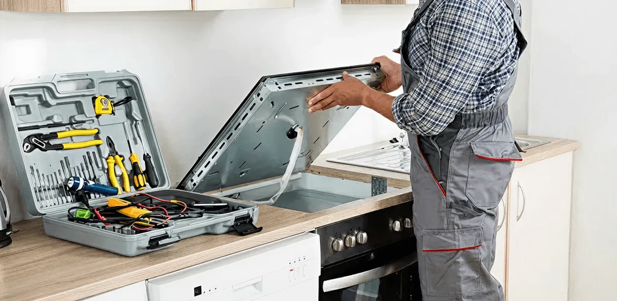 Handyman repairing a cooktop and checking wiring connections in Norfolk, VA