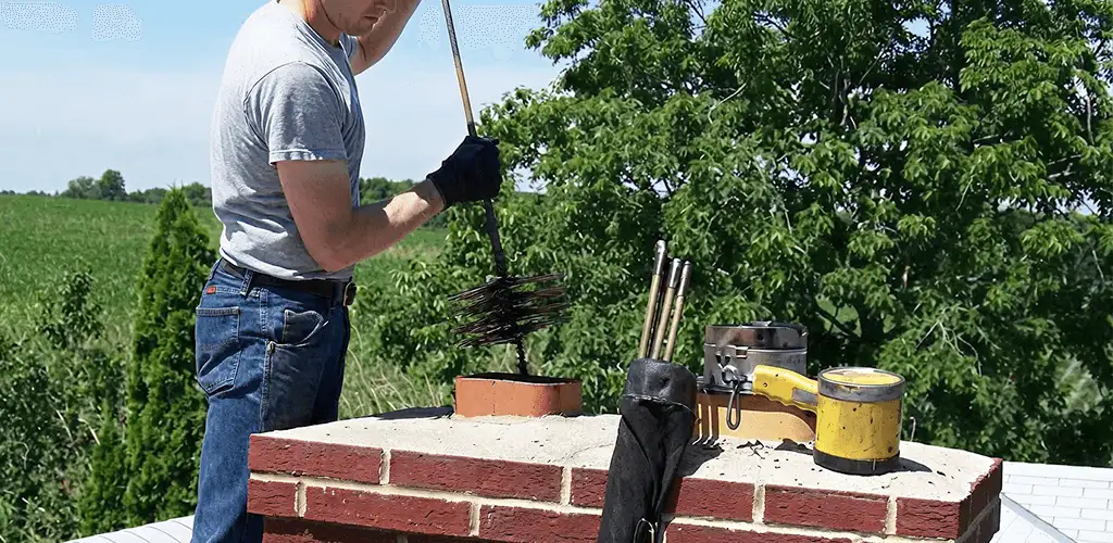 Chimney cleaning technician working on a rooftop chimney with professional tools in Norfolk, VA