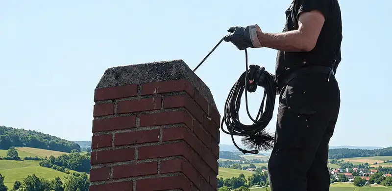 Chimney sweep inspecting and cleaning a rooftop chimney in Norfolk, VA