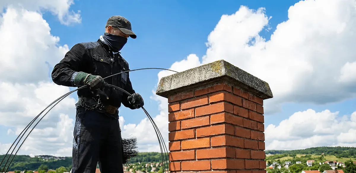 Chimney sweep cleaning a brick chimney with professional tools in Norfolk, VA
