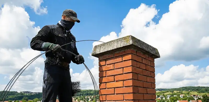 Chimney sweep cleaning a brick chimney with professional tools in Norfolk, VA