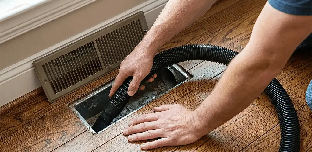 Air duct cleaning technician vacuuming a floor register and duct opening in Norfolk, VA