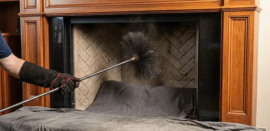 Chimney cleaning service brushing soot from a fireplace and flue in Norfolk, VA
