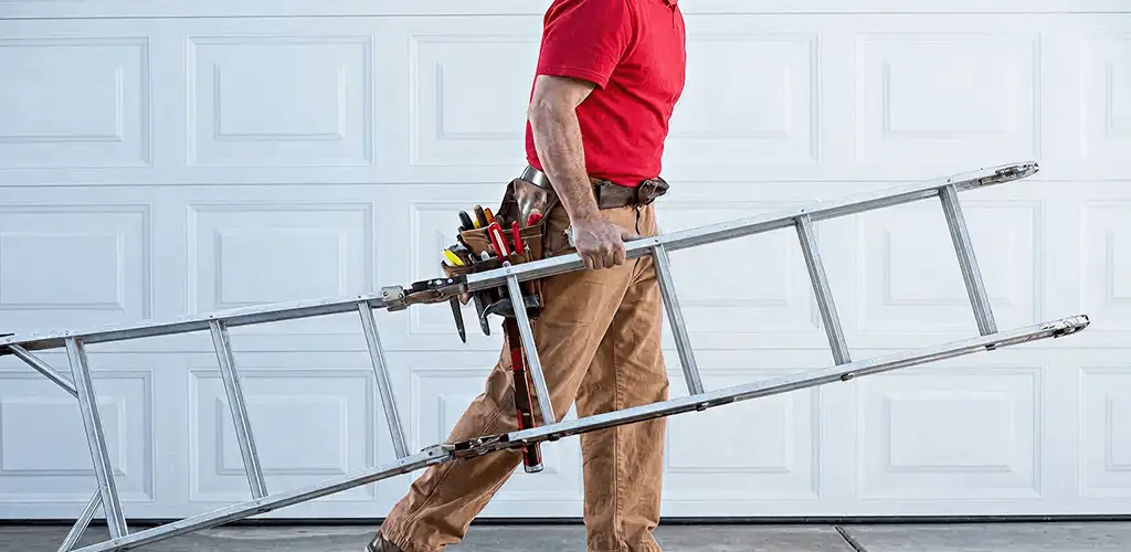 Garage door repair technician arriving with tools and ladder in Norfolk, VA