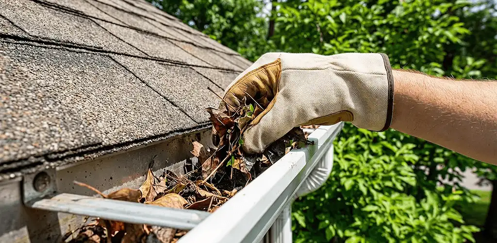 Gutter cleaning removing leaves and debris from roof gutters in Norfolk, VA