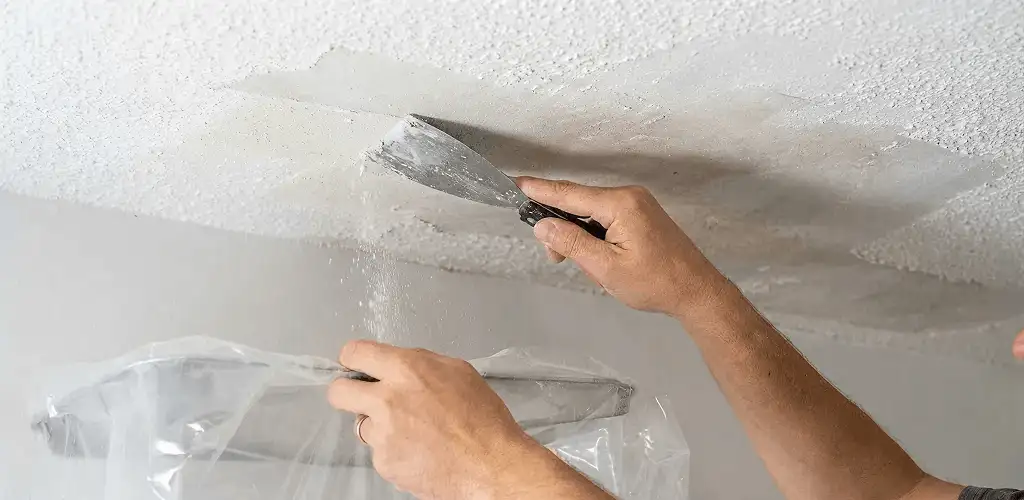 Popcorn ceiling removal technician scraping texture from a ceiling in Norfolk, VA