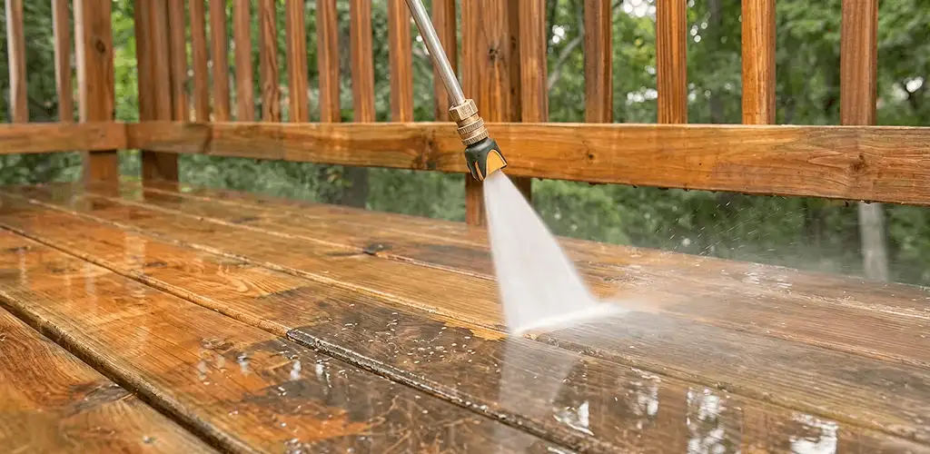 Pressure washing a wood deck to remove dirt and buildup in Norfolk, VA