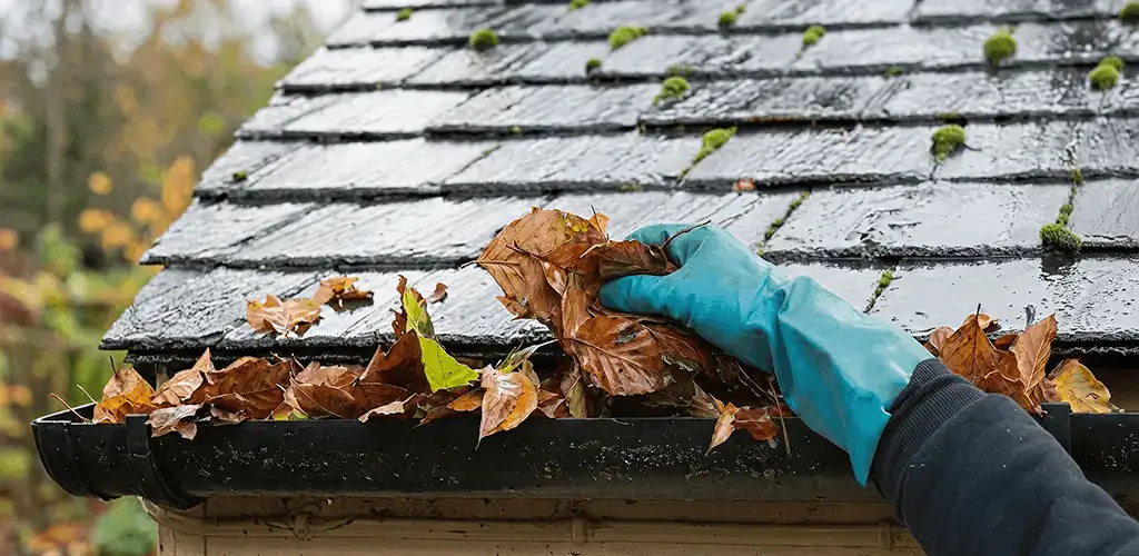 Gutter cleaning technician clearing wet leaves from roof gutters in Norfolk, VA