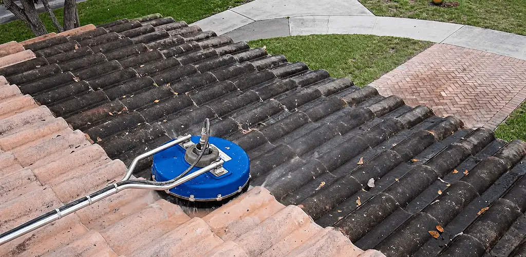 Roof pressure cleaning removing debris and buildup from roof tiles in Norfolk, VA