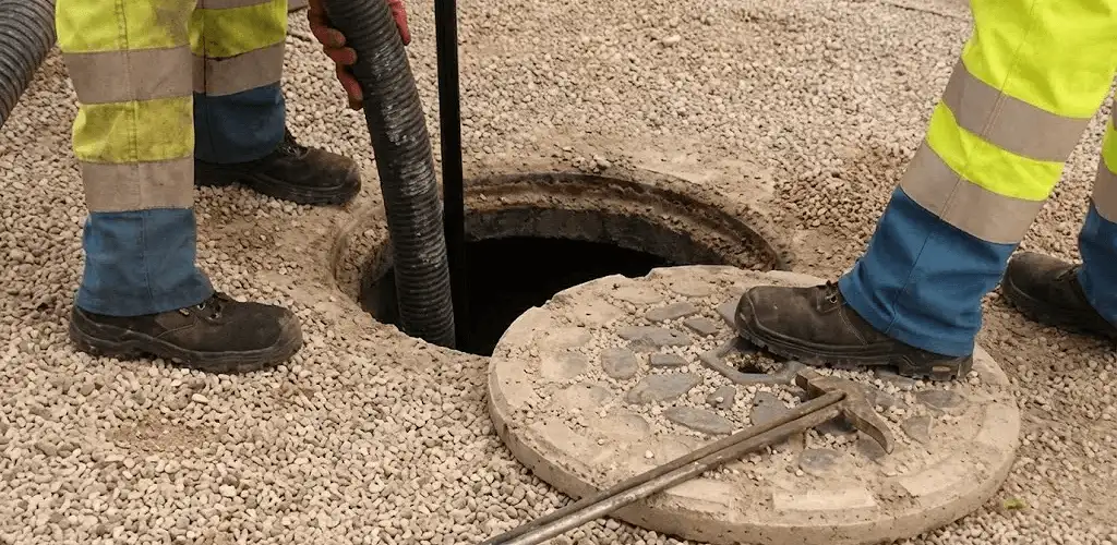 Drain cleaning crew clearing a sewer access point with professional equipment in Norfolk, VA