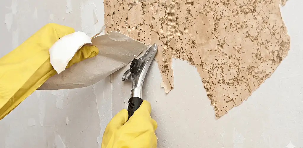 Wallpaper removal service stripping old wallpaper from a wall in Norfolk, VA