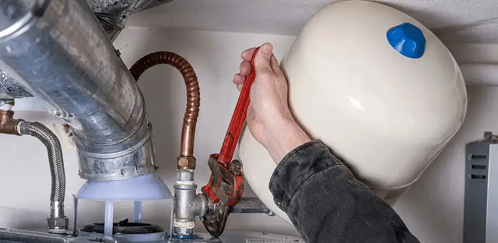 Water heater repair technician tightening plumbing connections near a tank unit in Norfolk, VA